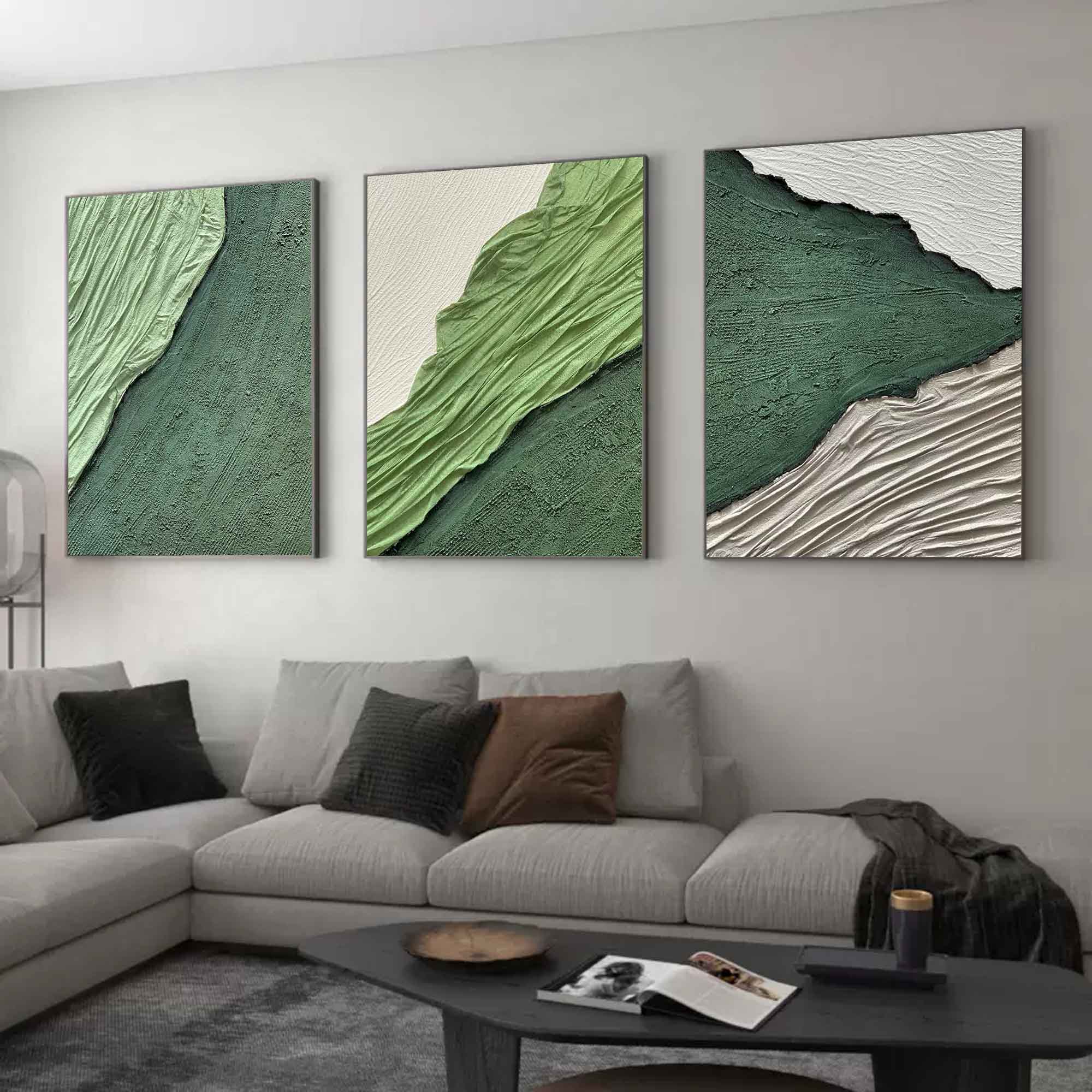 Green Textured Triptych Painting Set of 3