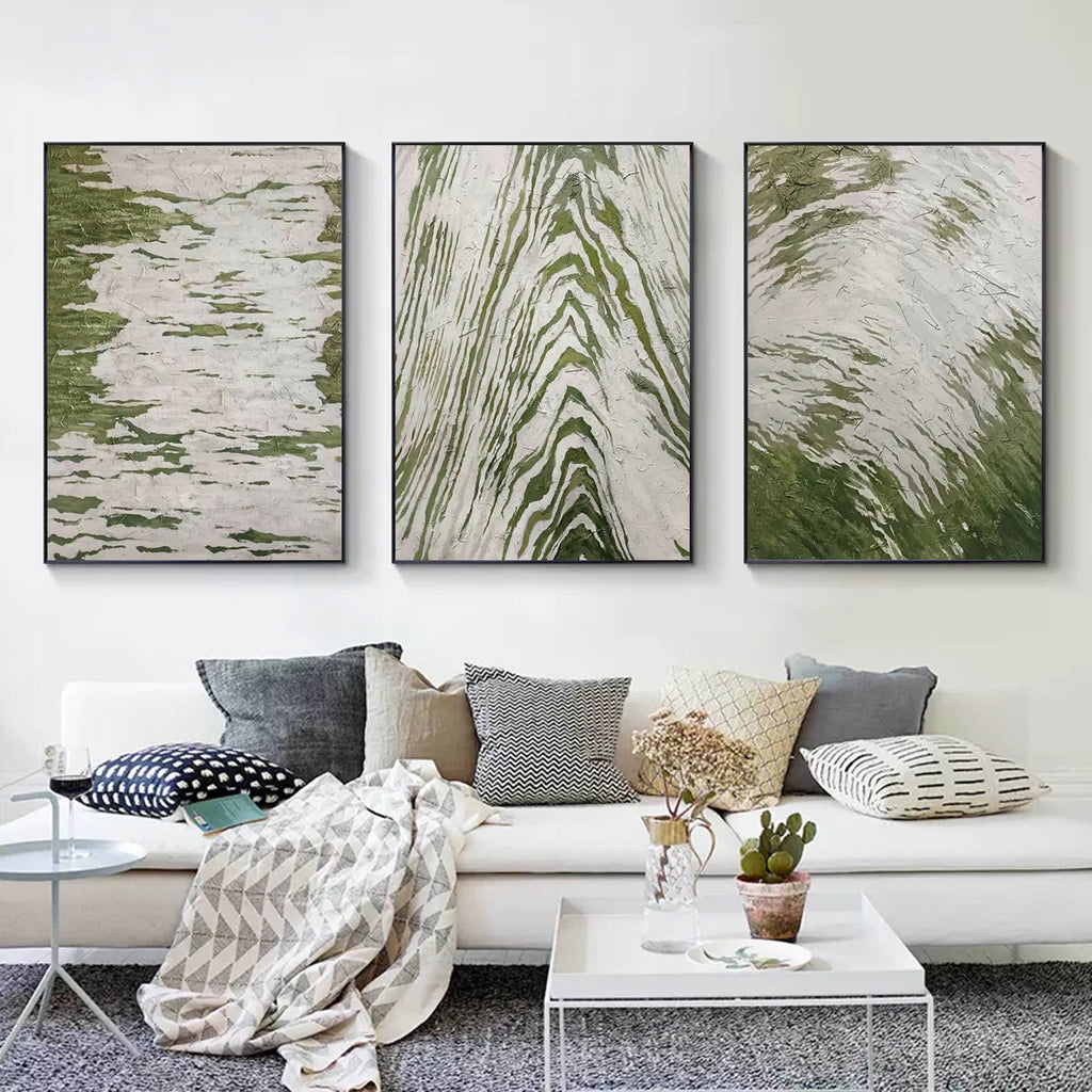 Set of 3 Green And White Triptych Painting