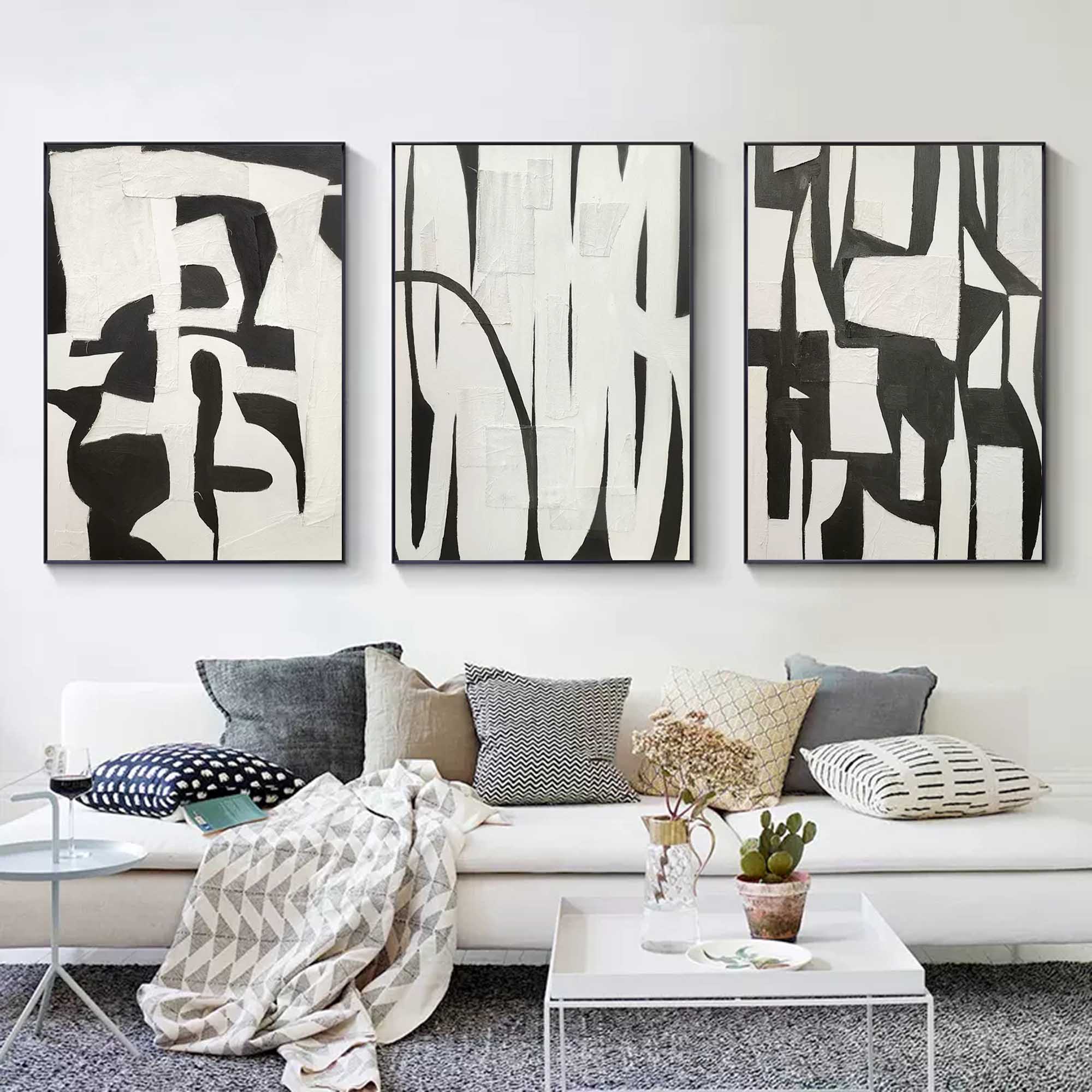 Monochrome Abstract Triptych Oil Painting