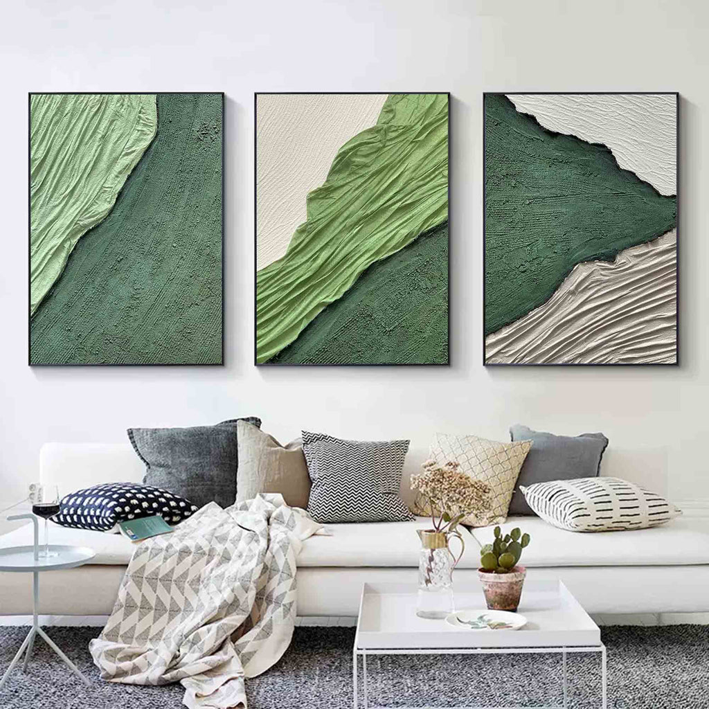 Green Textured Triptych Painting Set of 3
