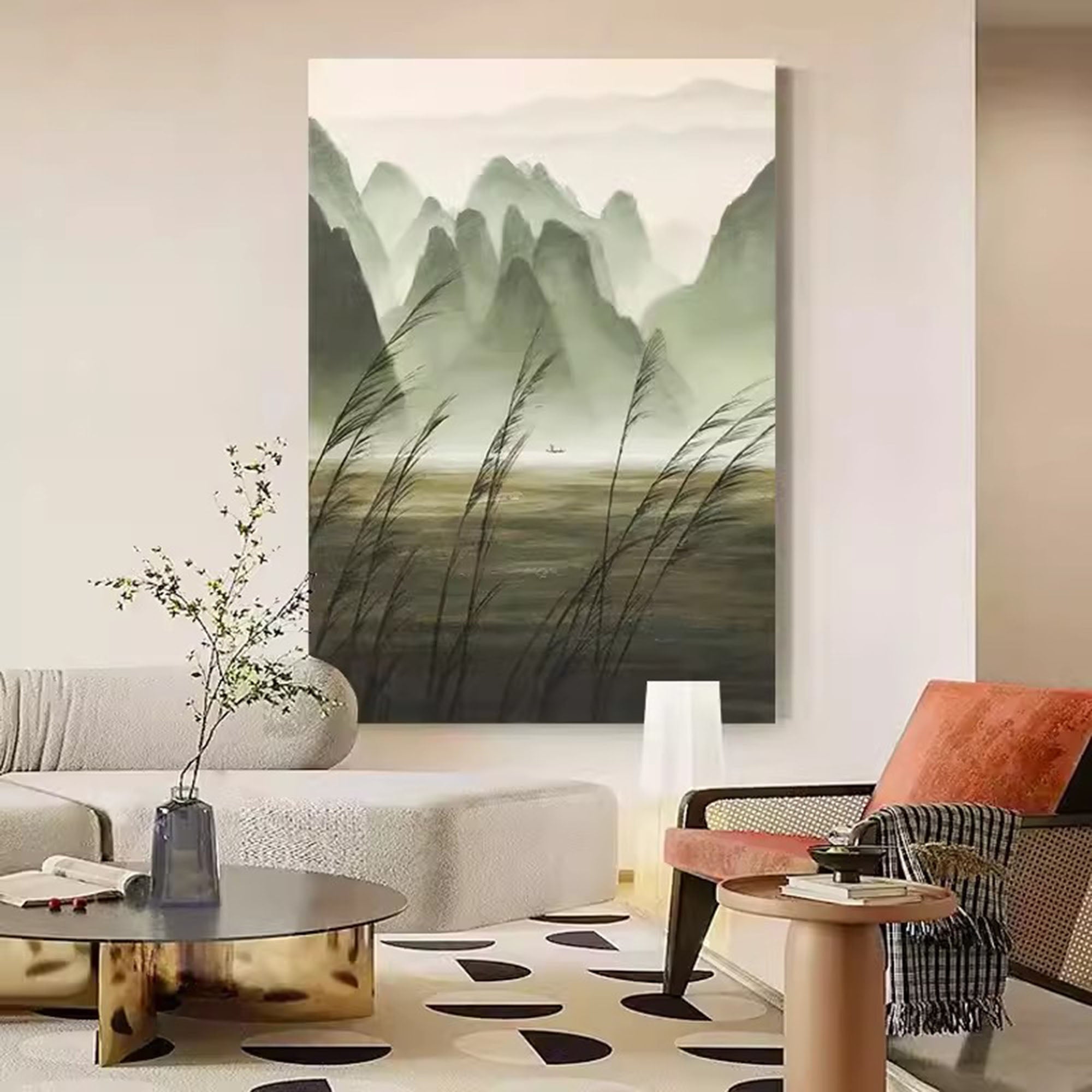 Chinese Ink Misty Green Mountain Landscape Oil Painting