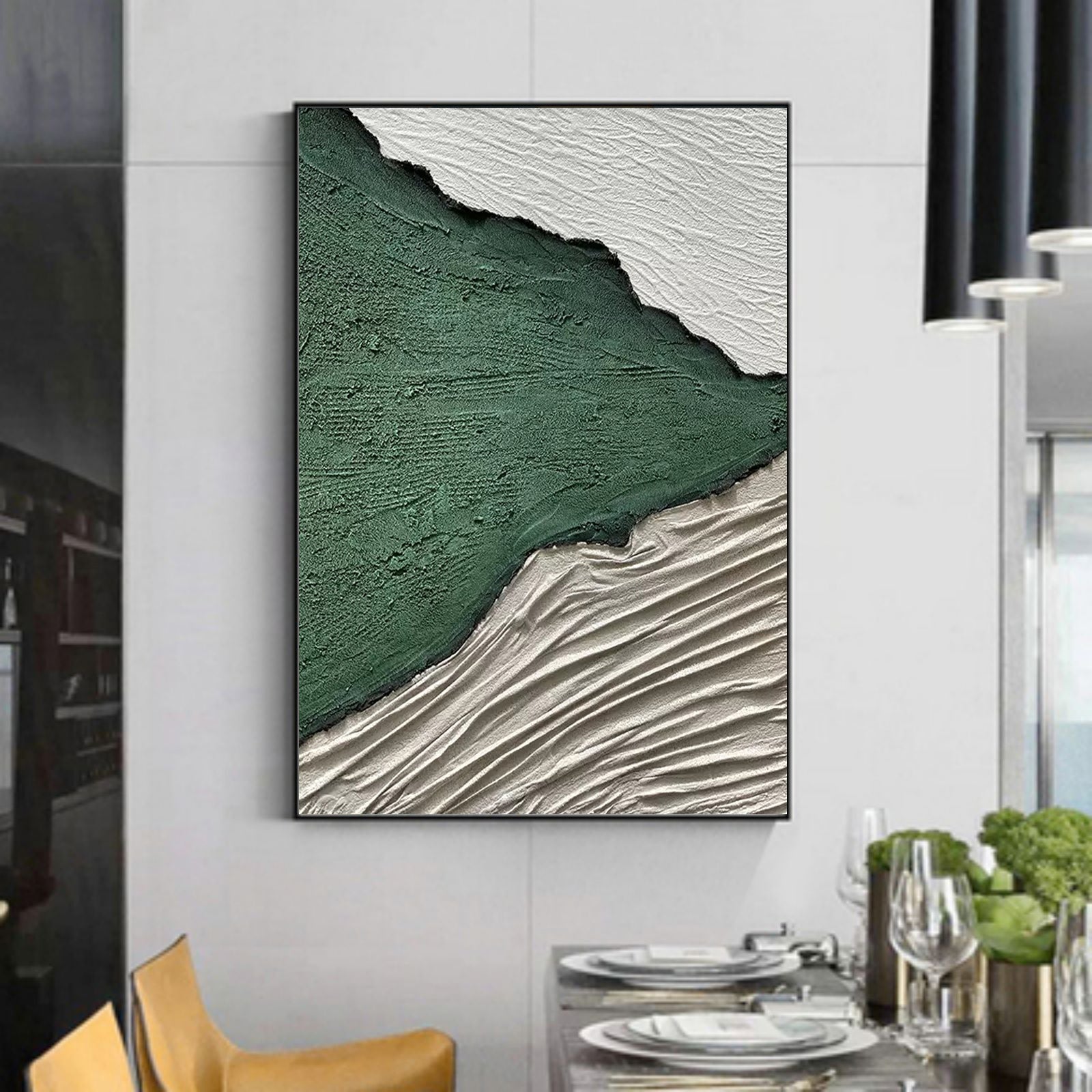 Emerald Green Landscape Bas-Relief Painting