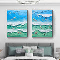 Vibrant Beach Scene Impasto Diptych Oil Painting