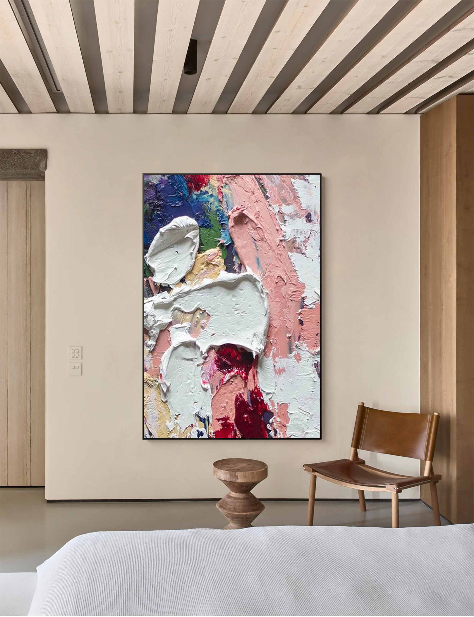 Thick Impasto White Pink Red Abstract Oil Painting