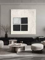 Wabi-Sabi Minimalist Black and White Grid Impasto Oil Painting
