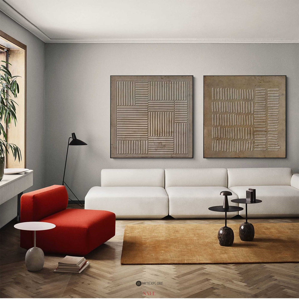 Earthy Textured Linear Pattern Diptych Wall Art Set