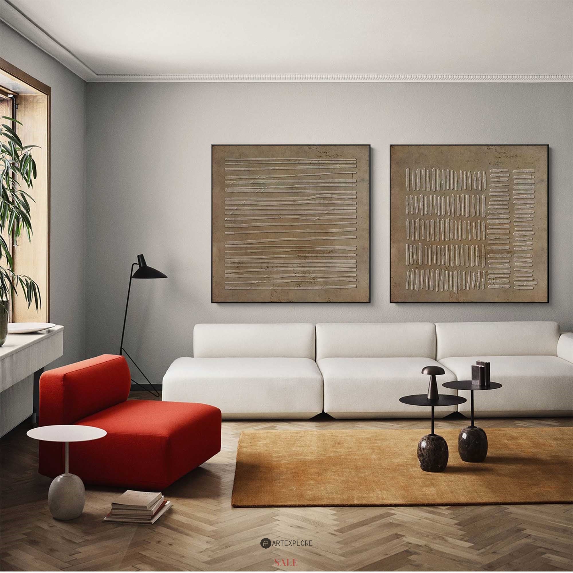 Earthy Linear Textured Relief Diptych Wall Art Set