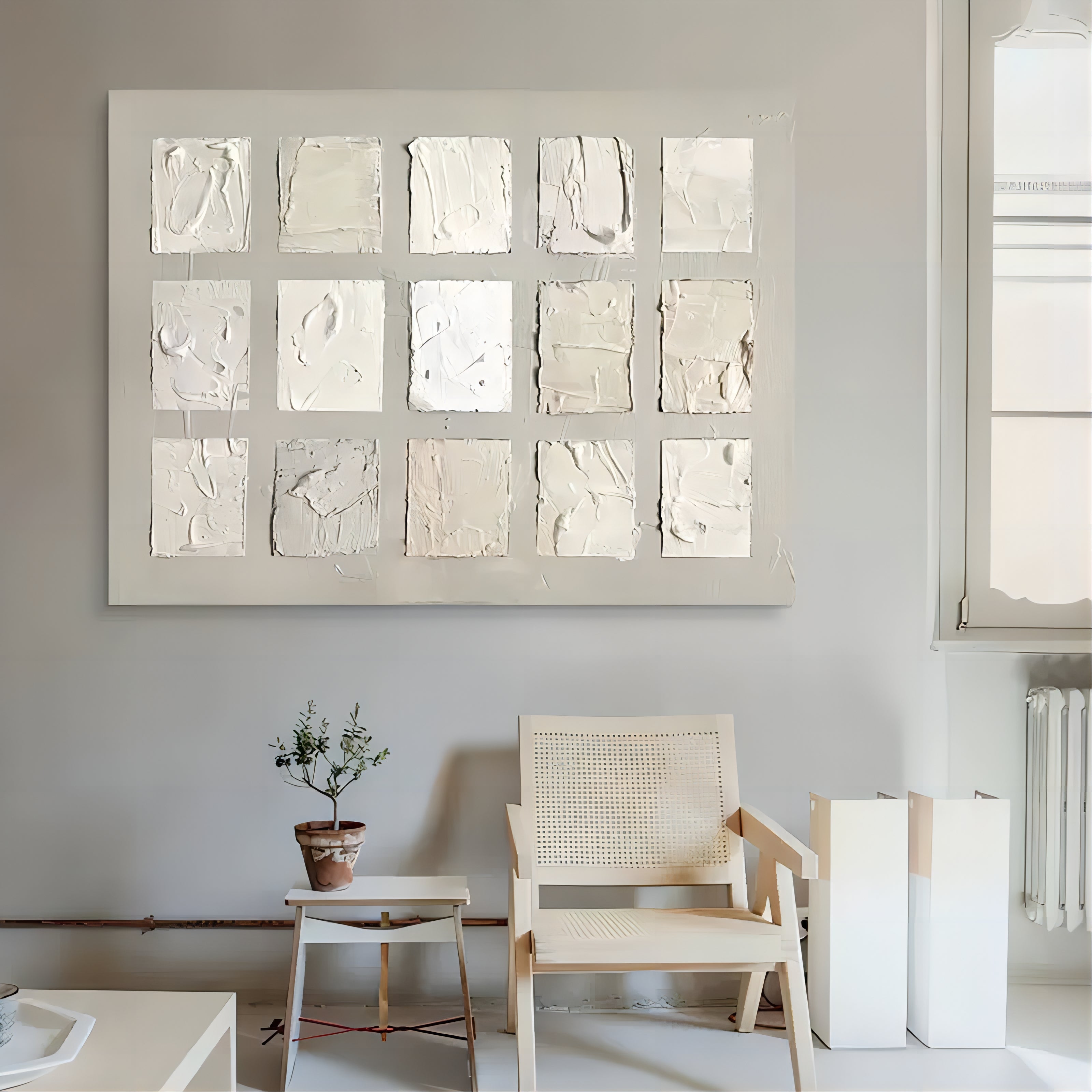 Wabi-Sabi Textured Neutral Tone Grid Oil Painting