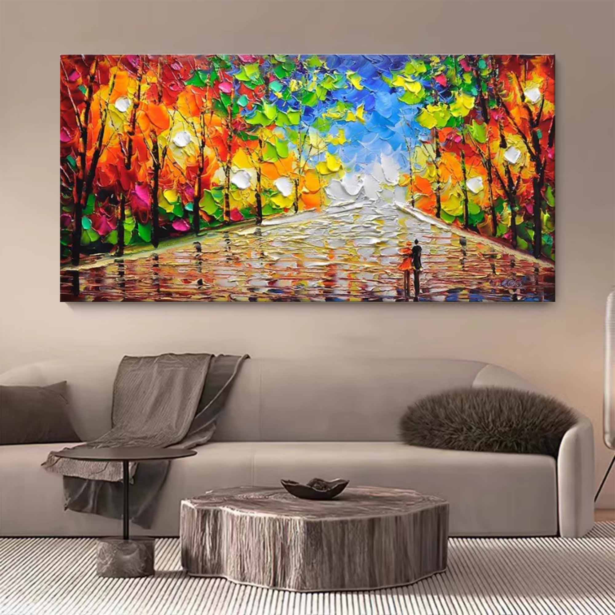 Vibrant Autumn Cityscape Impasto Painting