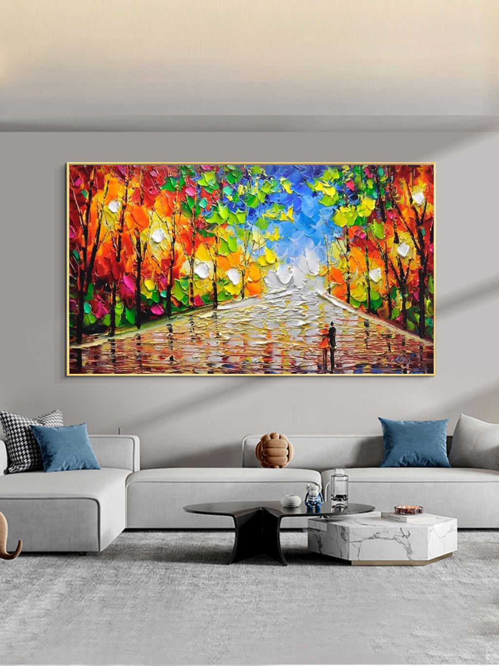 Vibrant Autumn Cityscape Impasto Painting