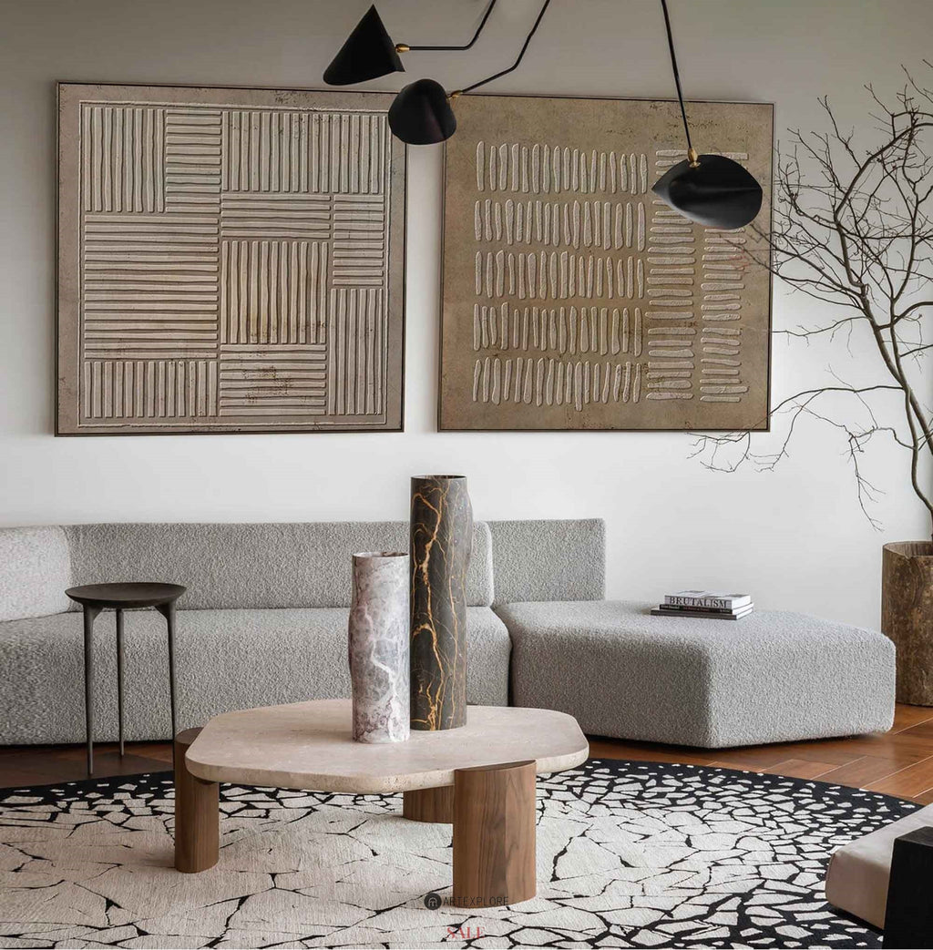 Earthy Textured Linear Pattern Diptych Wall Art Set