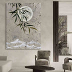 Muted Neutral Textured Moon Willow Mountain Oil Painting