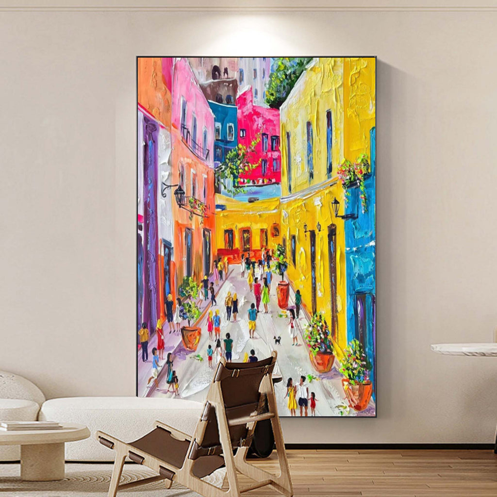 Vibrant Mediterranean Street Painting Impasto Textured