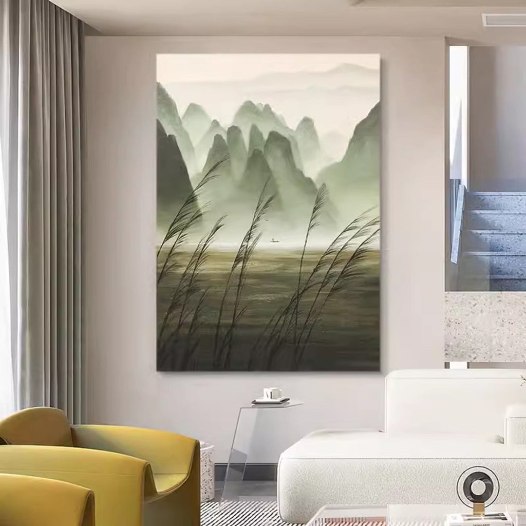 Chinese Ink Misty Green Mountain Landscape Oil Painting