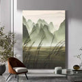 Chinese Ink Misty Green Mountain Landscape Oil Painting