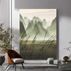 Chinese Ink Misty Green Mountain Landscape Oil Painting