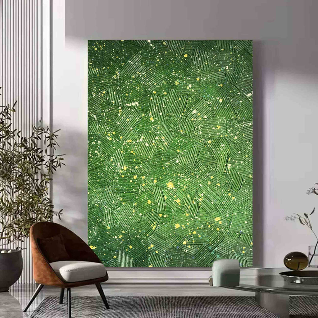 Lush Green Textured Geometric Oil Painting