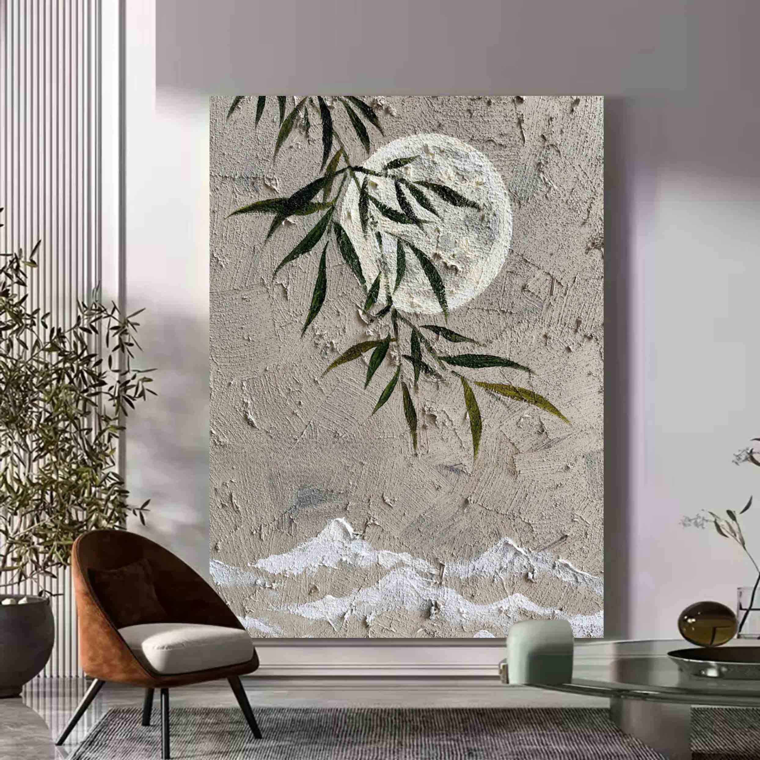 Muted Neutral Textured Moon Willow Mountain Oil Painting