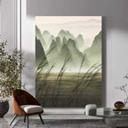 Chinese Ink Misty Green Mountain Landscape Oil Painting