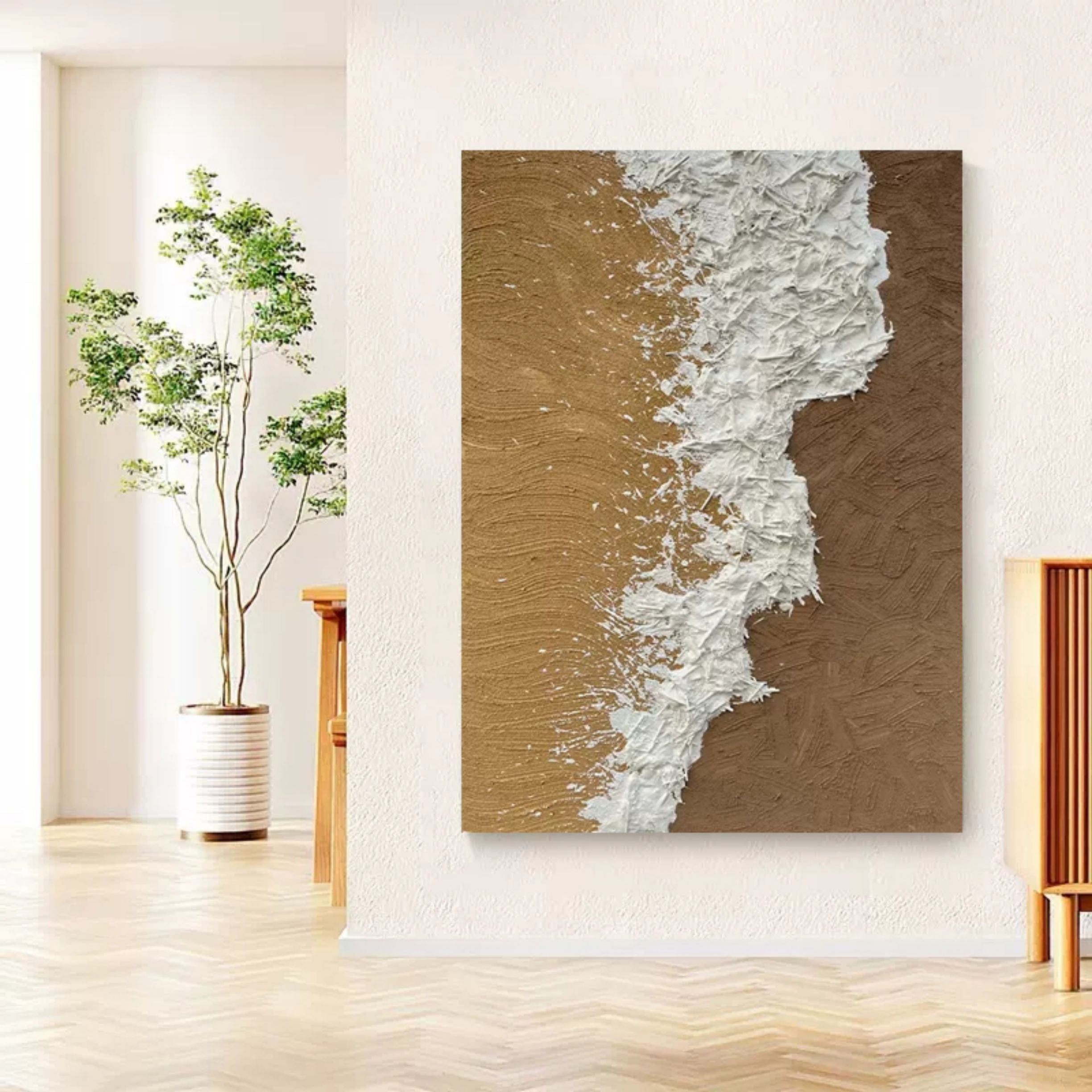 3D Textured Coastal Oil Painting White Ocean Wave