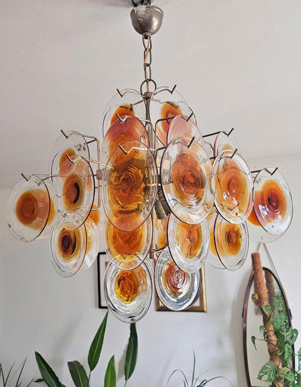 Aurora Chandelier Murano Glass  Mid Century Nickel & Orange