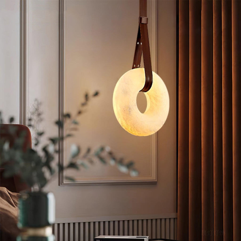 Étoile Pendant Light Alabaster Ring Leather Straps Scandinavian
