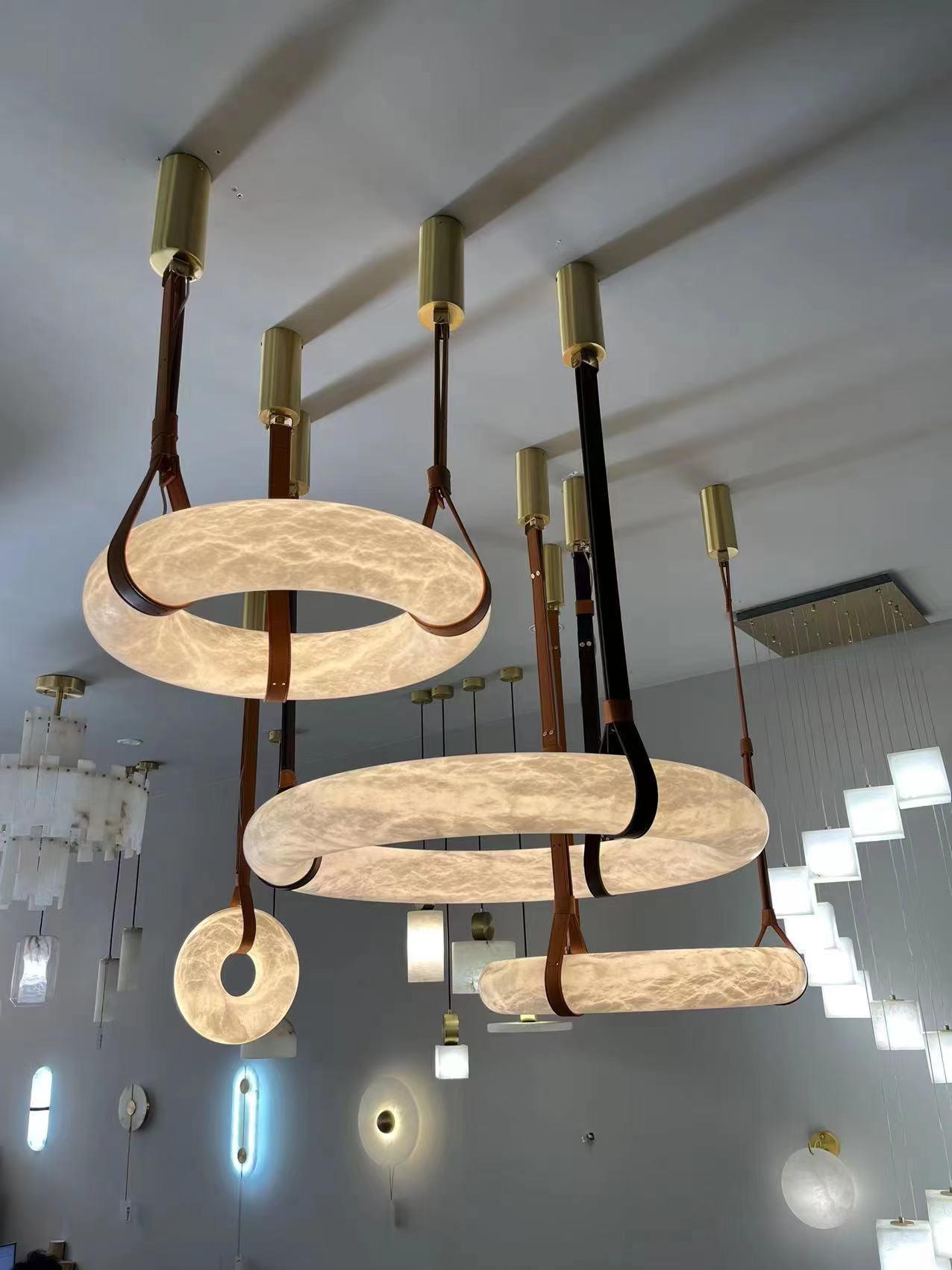 Étoile Pendant Light Chandelier Alabaster Ring Triple Leather