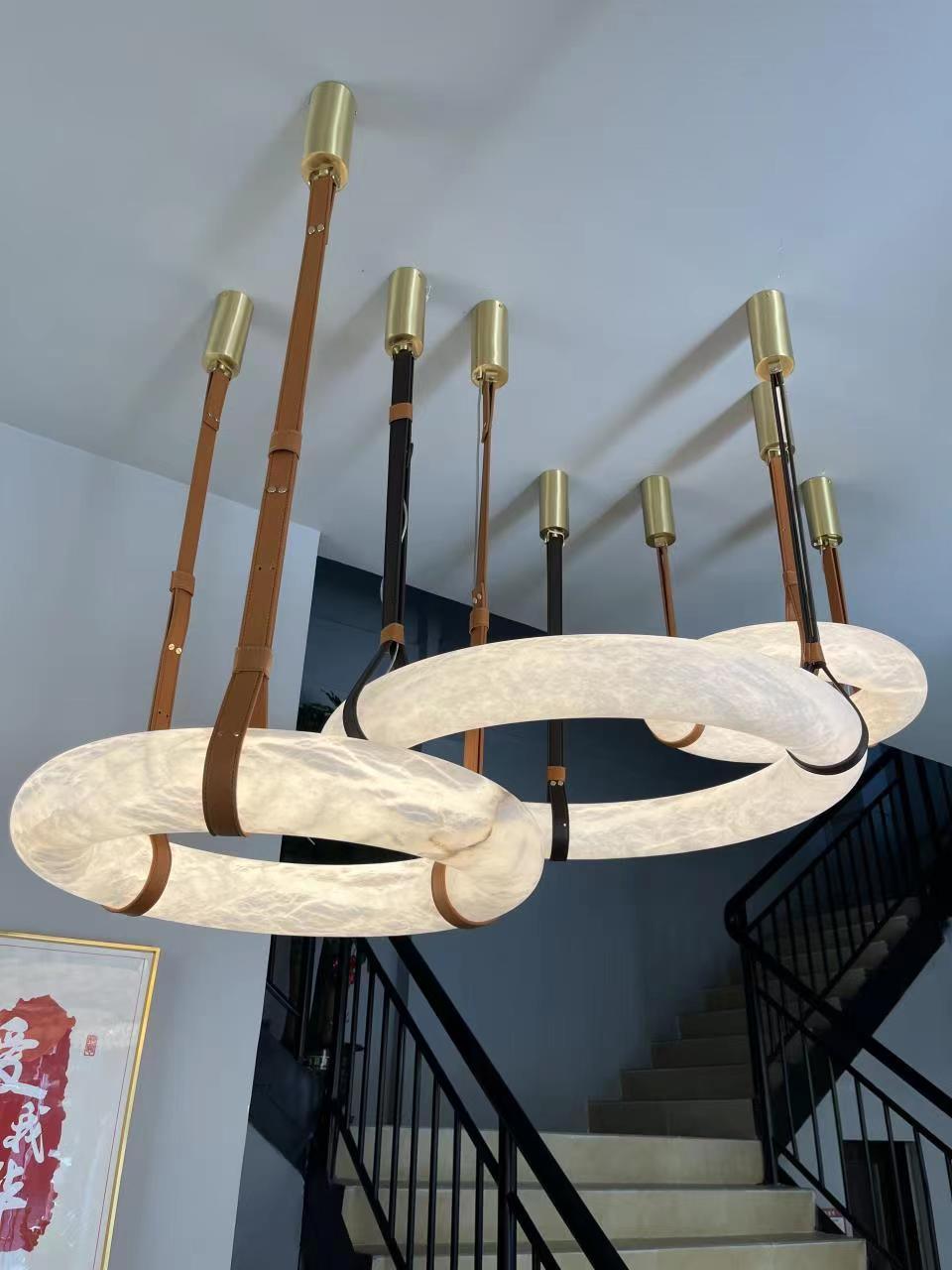 Étoile Pendant Light Chandelier Alabaster Ring Triple Leather