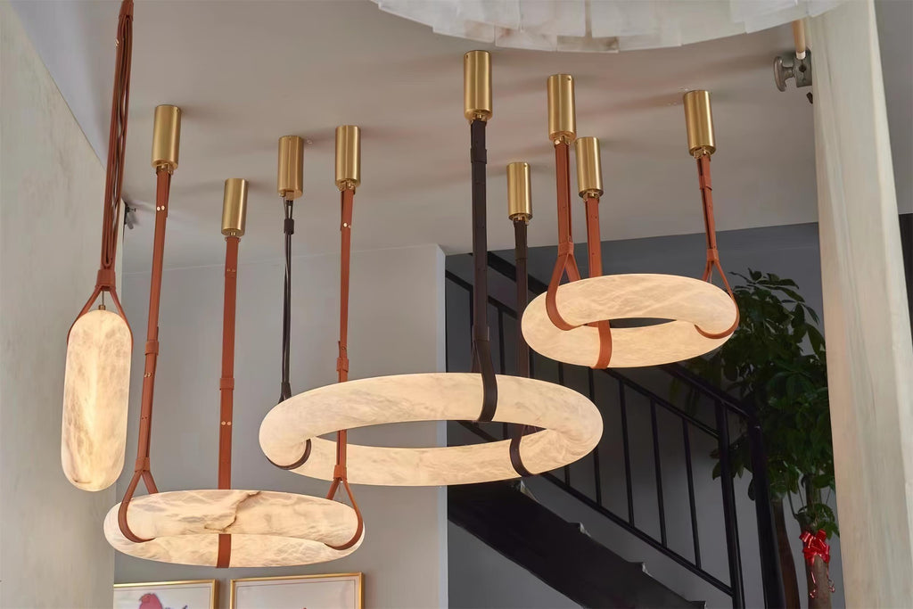 Étoile Pendant Light Chandelier Alabaster Ring Triple Leather