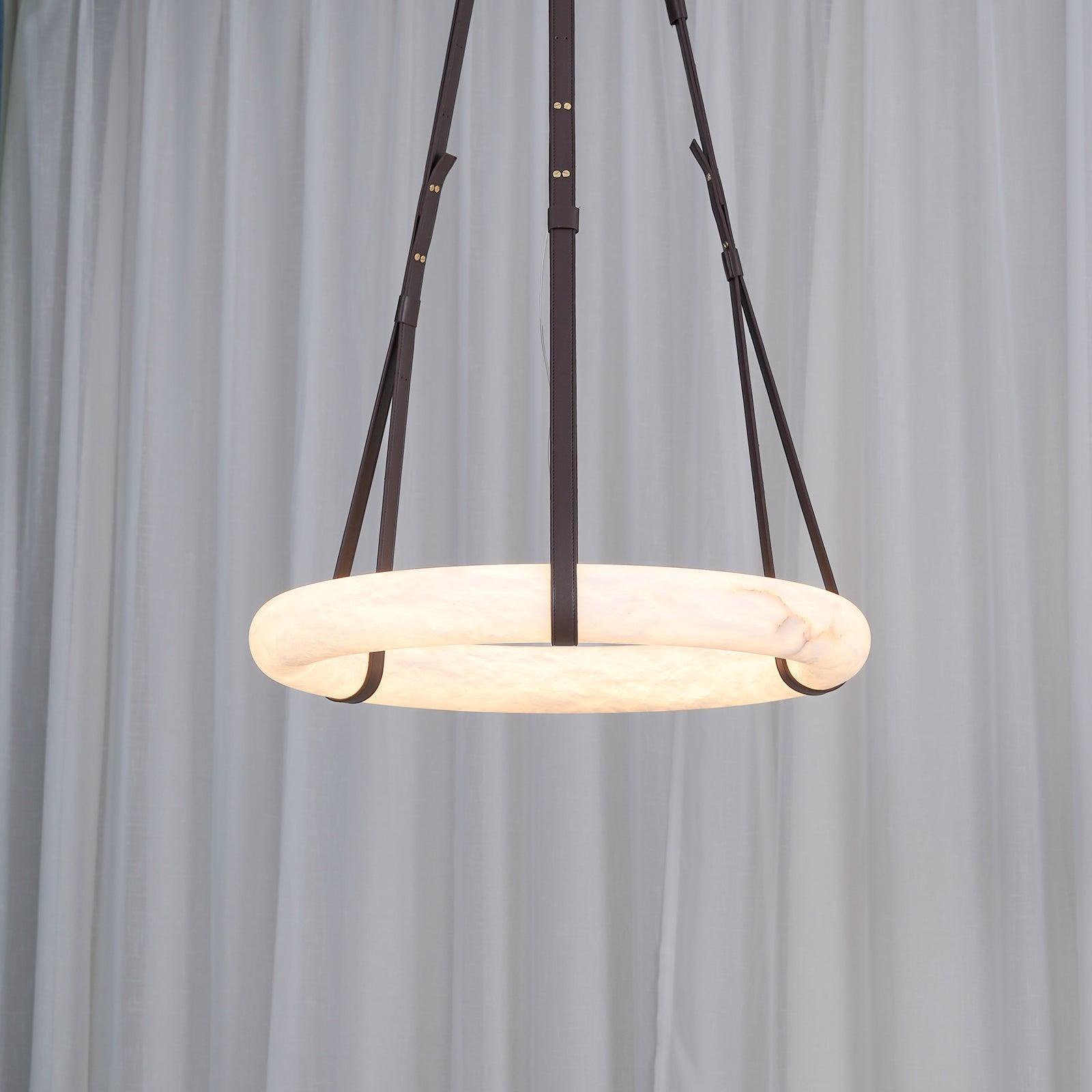 Étoile Pendant Light Chandelier Alabaster Ring Triple Leather