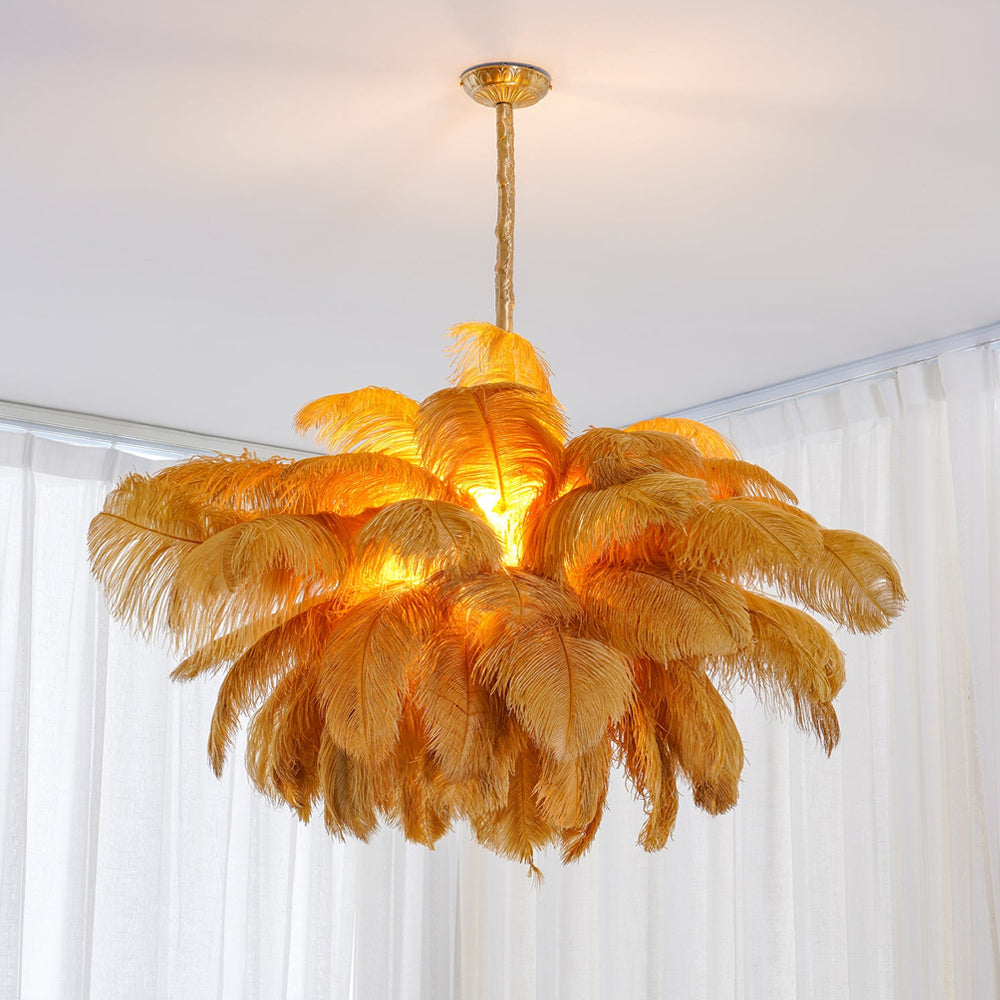 Lustra Chandelier Ostrich Feather Large Brass Stem