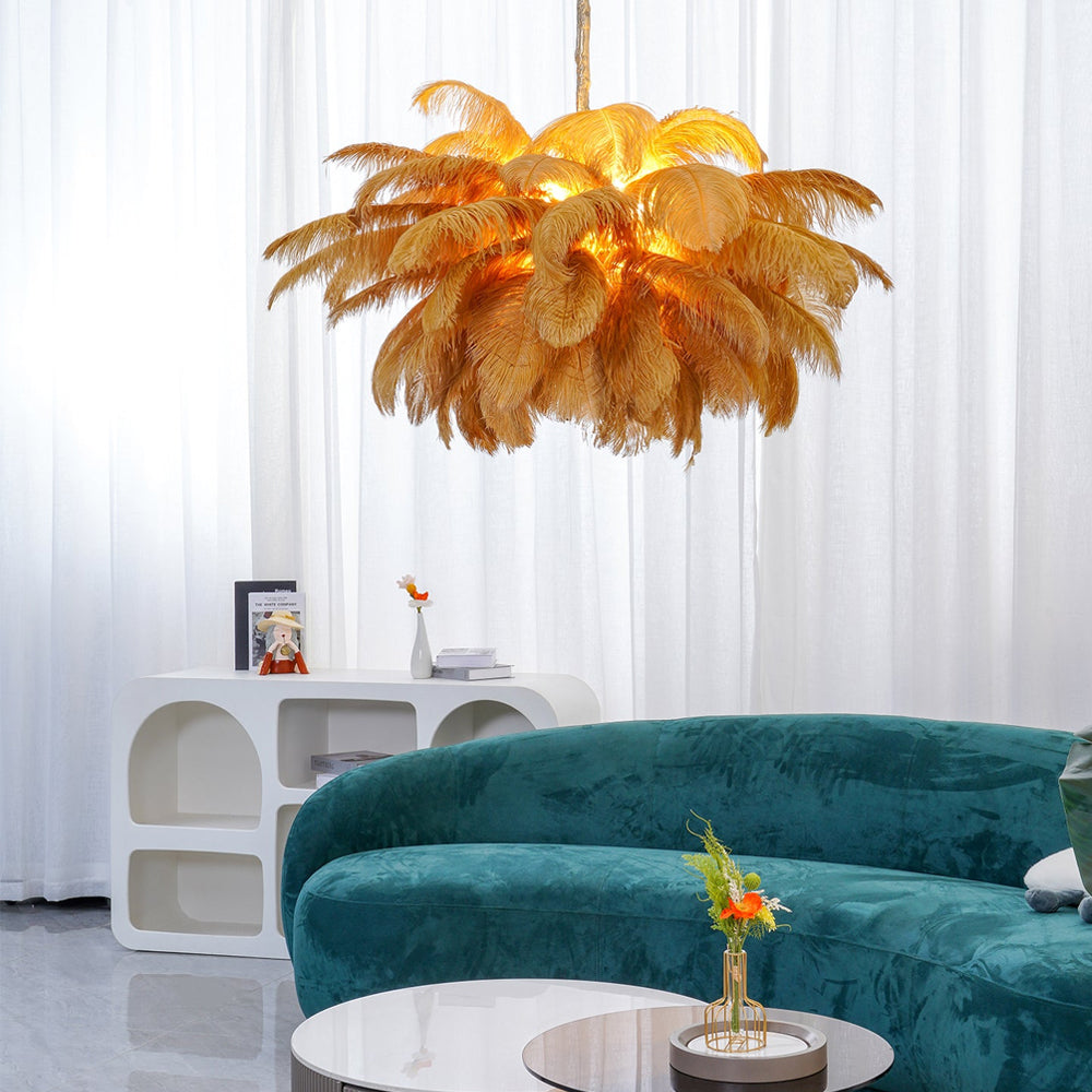 Lustra Chandelier Ostrich Feather Large Brass Stem