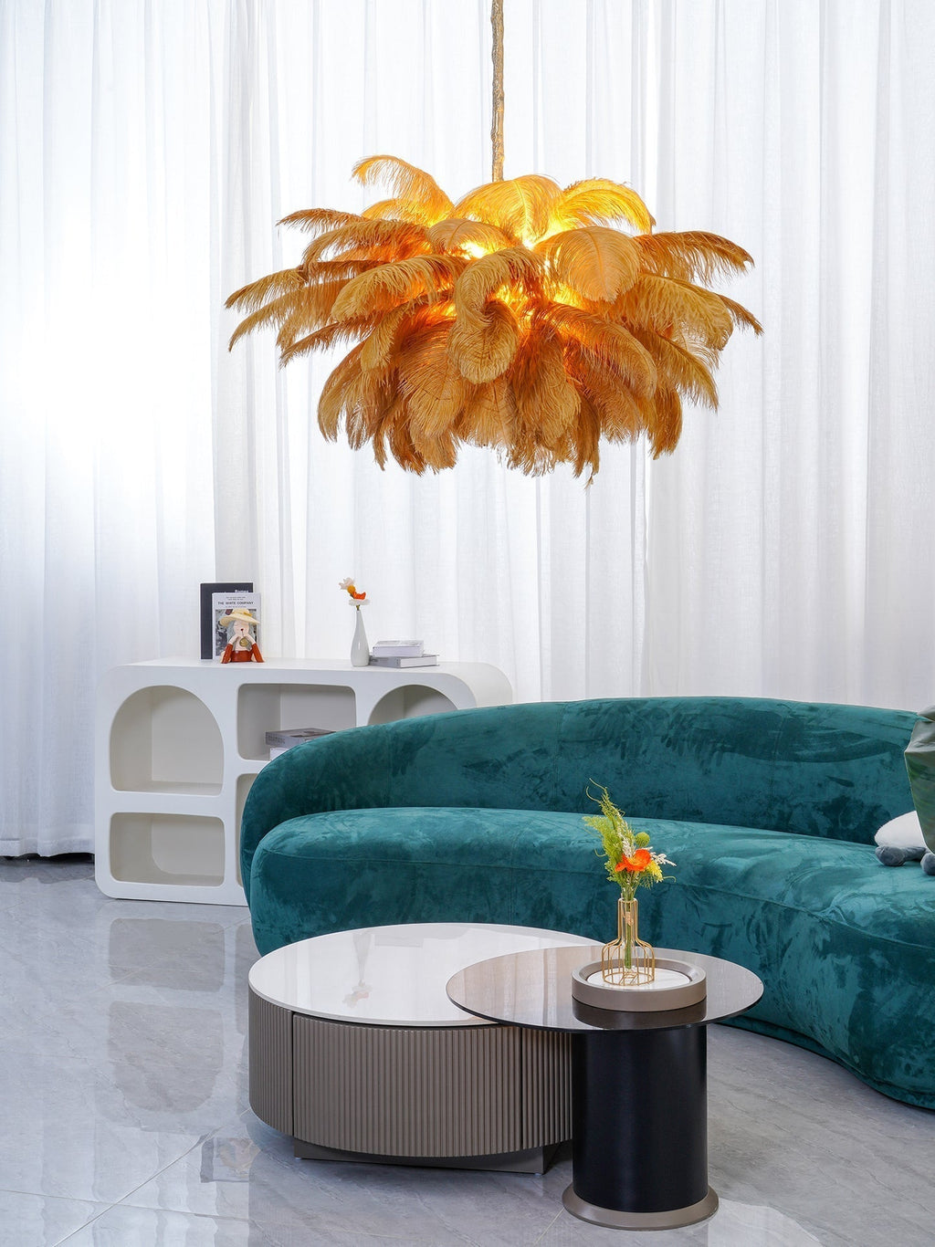 Lustra Chandelier Ostrich Feather Large Brass Stem