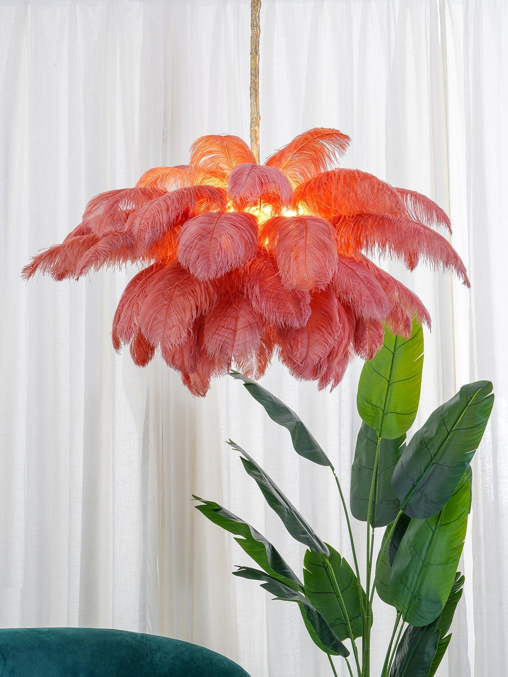 Lustra Chandelier Ostrich Feather Large Brass Stem