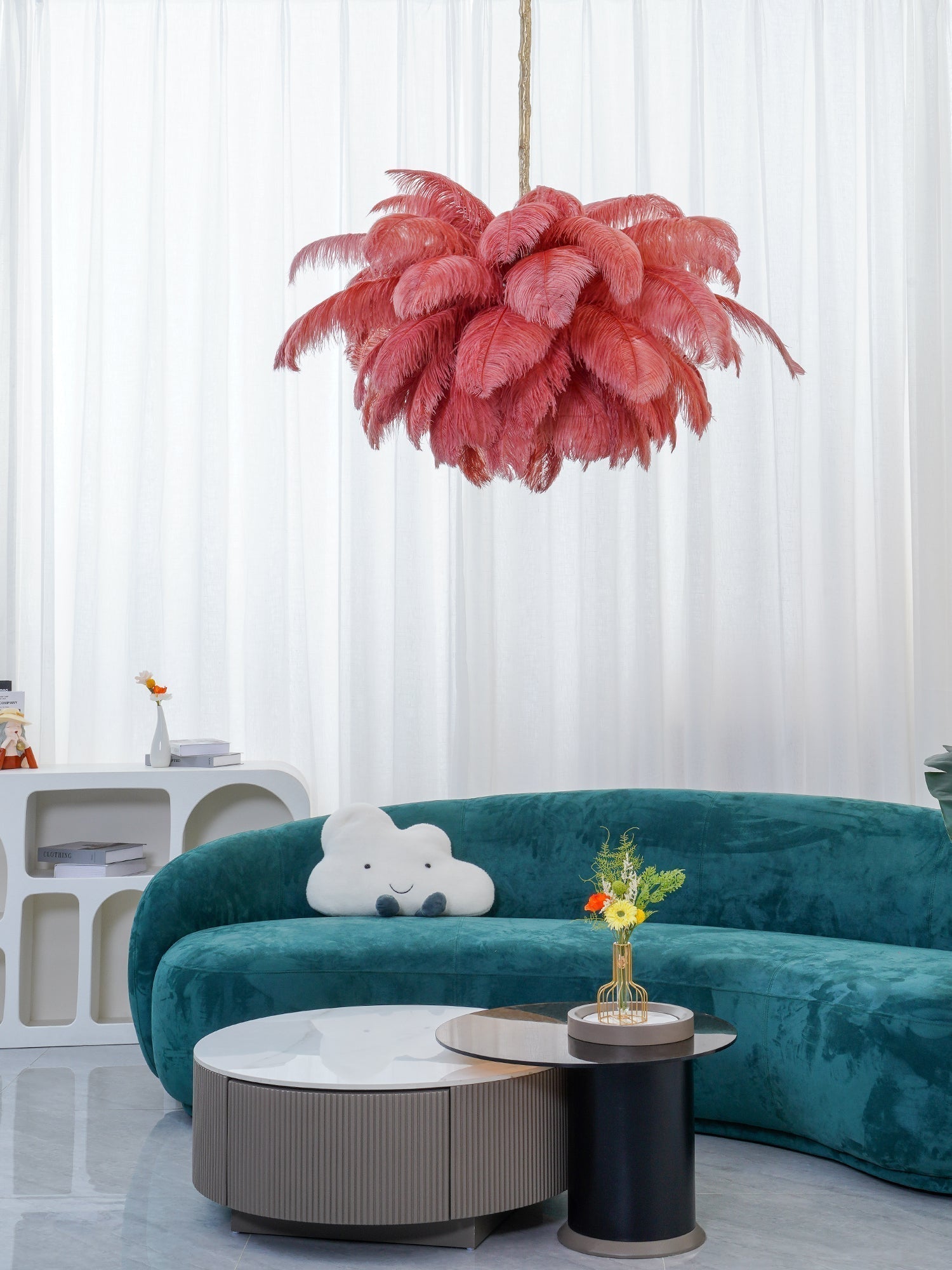 Lustra Chandelier Ostrich Feather Large Brass Stem