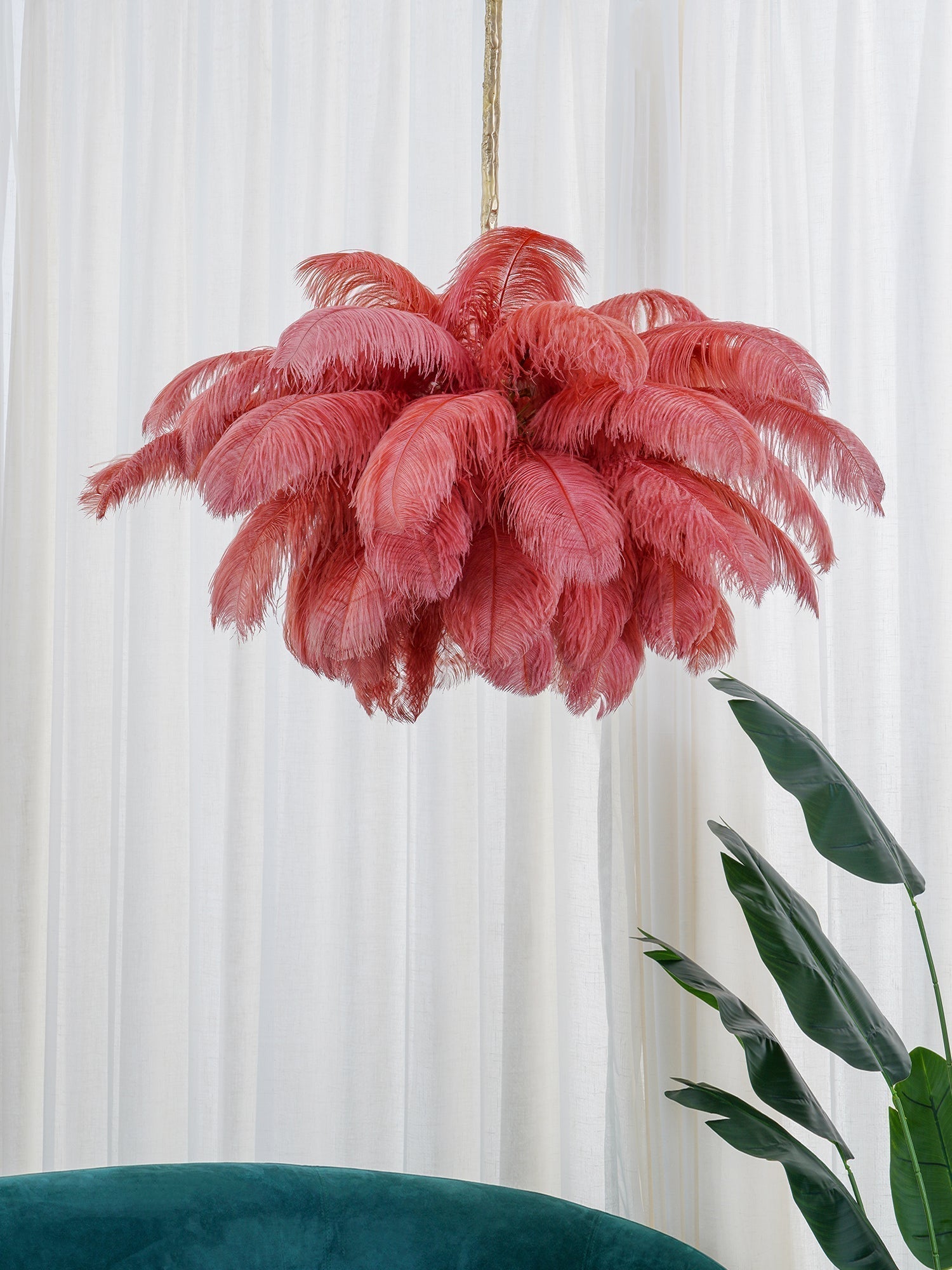 Lustra Chandelier Ostrich Feather Large Brass Stem