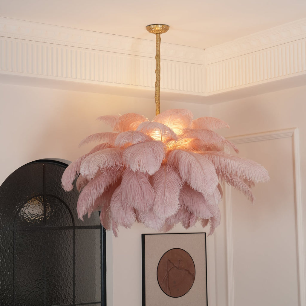 Lustra Chandelier Ostrich Feather Large Brass Stem