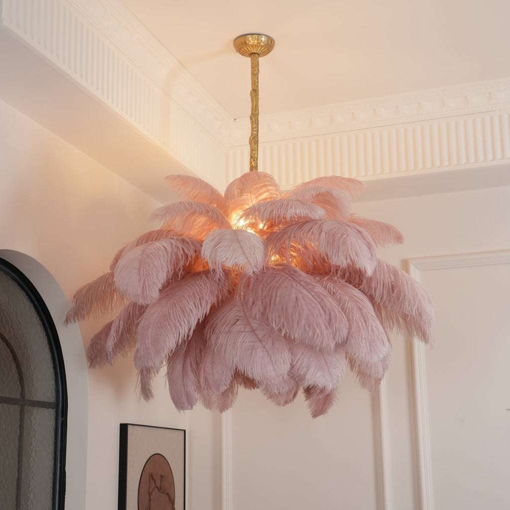 Lustra Chandelier Ostrich Feather Large Brass Stem