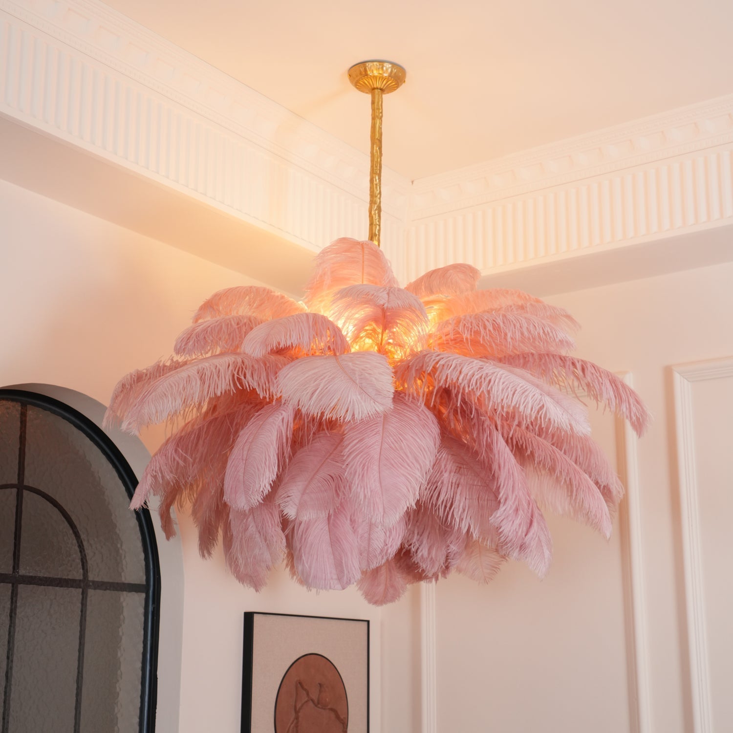 Lustra Chandelier Ostrich Feather Large Brass Stem