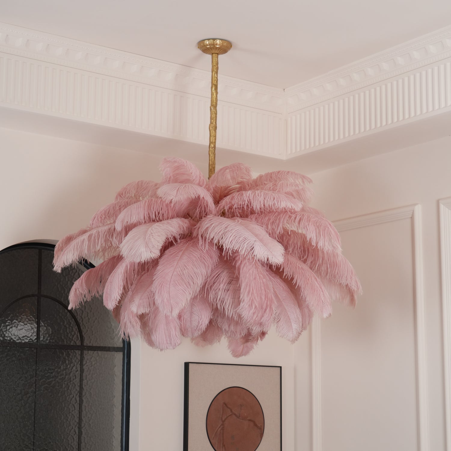 Lustra Chandelier Ostrich Feather Large Brass Stem