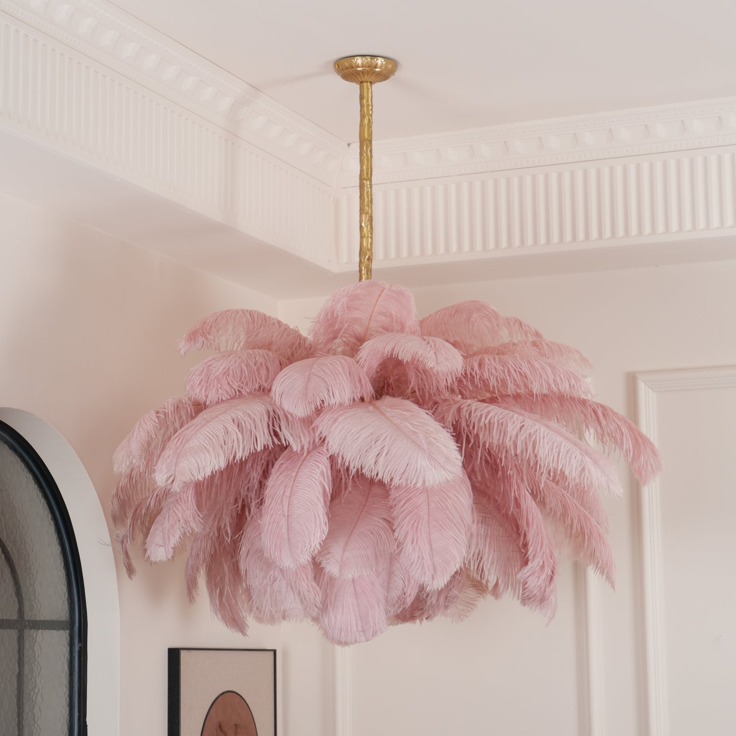 Lustra Chandelier Ostrich Feather Large Brass Stem