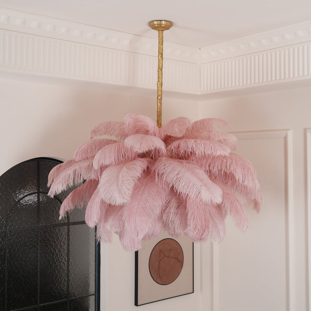 Lustra Chandelier Ostrich Feather Large Brass Stem
