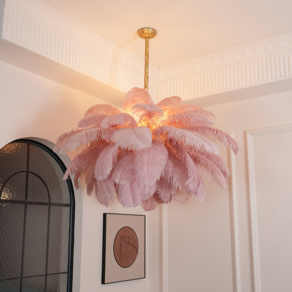 Lustra Chandelier Ostrich Feather Large Brass Stem