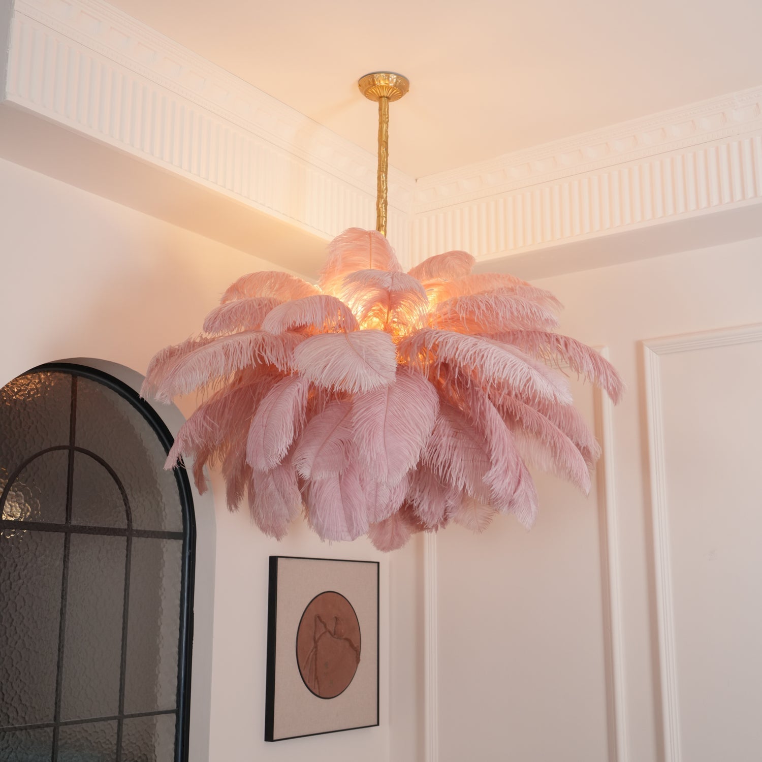 Lustra Chandelier Ostrich Feather Large Brass Stem