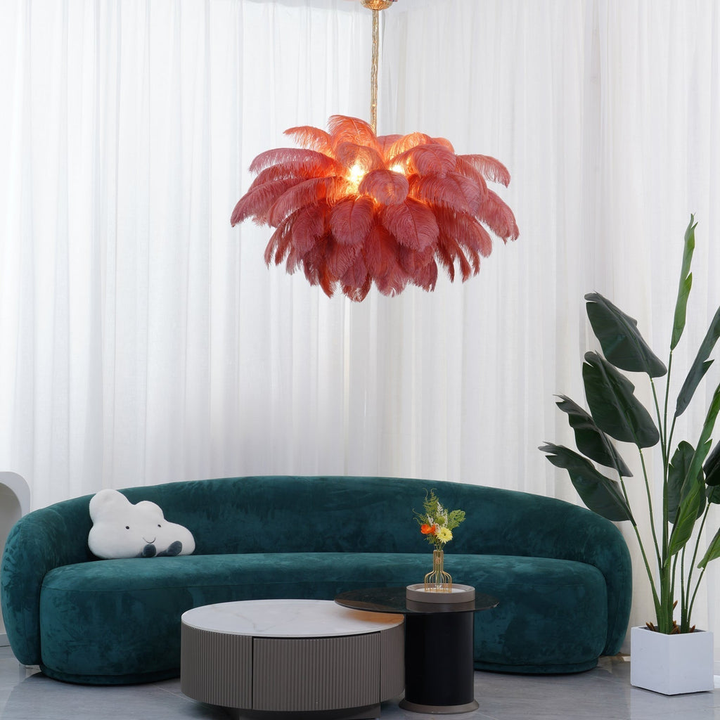Lustra Chandelier Ostrich Feather Large Brass Stem