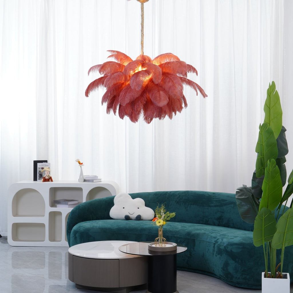 Lustra Chandelier Ostrich Feather Large Brass Stem