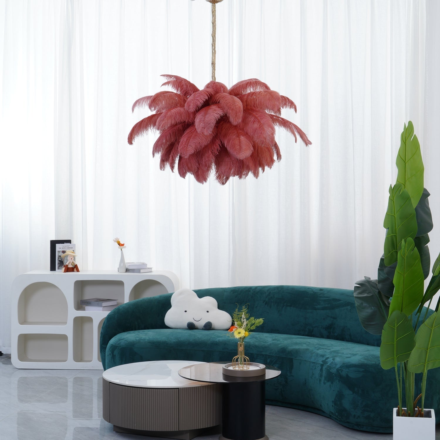 Lustra Chandelier Ostrich Feather Large Brass Stem