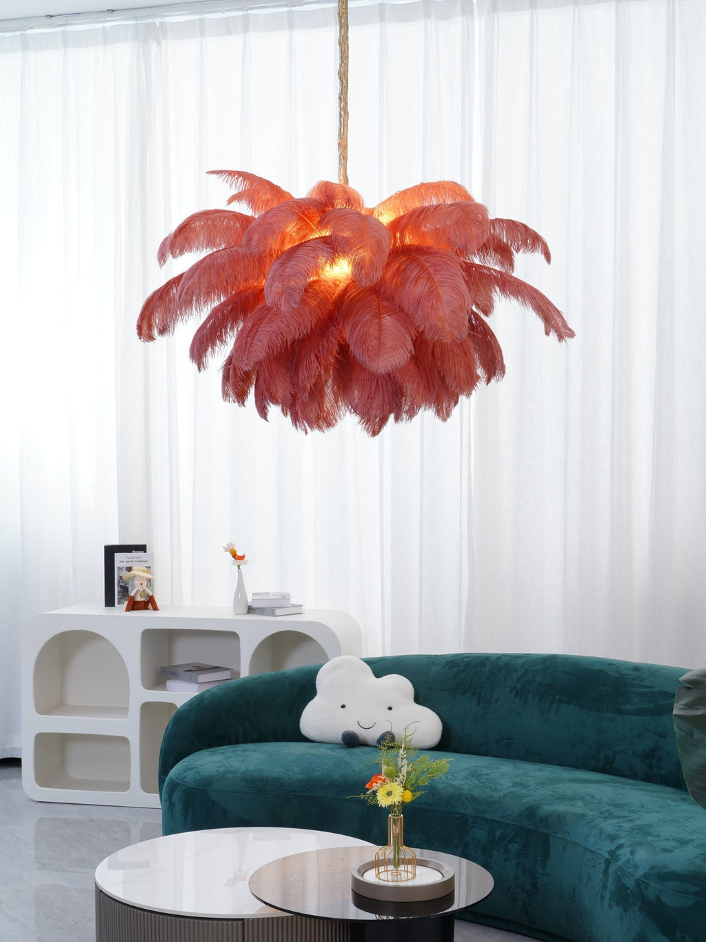Lustra Chandelier Ostrich Feather Large Brass Stem