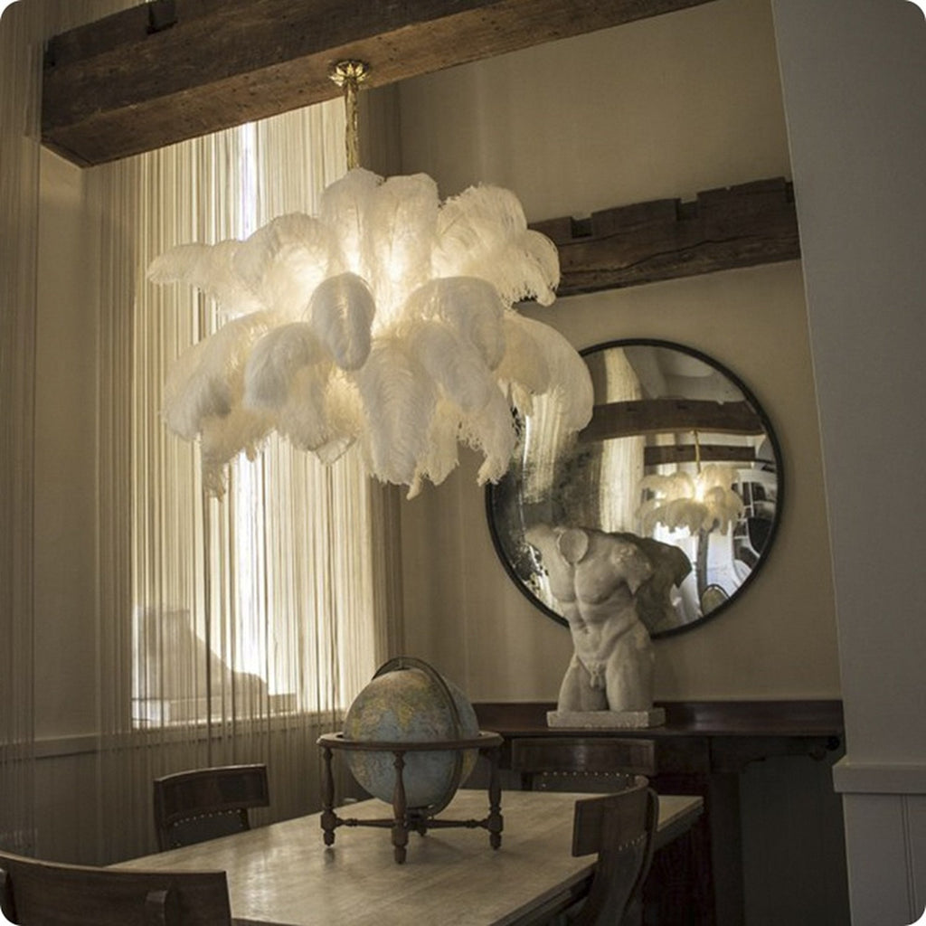 Lustra Chandelier Ostrich Feather Large Brass Stem