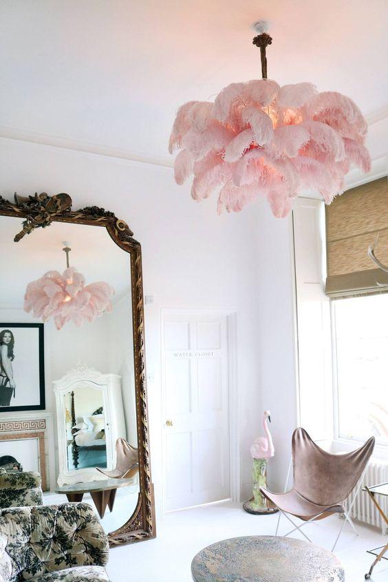 Lustra Chandelier Ostrich Feather Large Brass Stem
